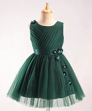 Enfance Sleeveless Floral Detailed Fit & Flare Dress - Dark Green