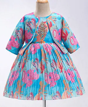 Enfance Floral Printed & Beads Embellished Dress With Full Sleeves Shrug - Blue
