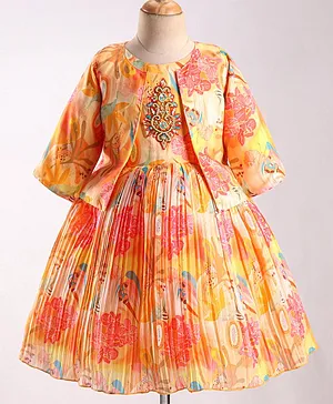 Enfance Floral Printed & Beads Embellished Dress With Full Sleeves Shrug - Yellow
