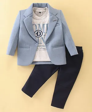 Dapper Dudes Full Sleeves Pin Checked  Blazer With Text Printed Tee & Pant - Sky Blue