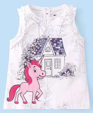 Babyhug Cotton Knit Sleeveless Unicorn Graphics & Frill Detailing Top - White