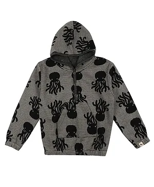 Turtledove London Organic Cotton Knit Full Sleeves Reversible Hooded Sweatshirt Octopus Print - Black & Beige