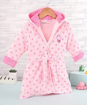 Doreme Terry Knit Full Sleeves Hooded Bath Robe with Owl & Heart Print - Carnation Pink