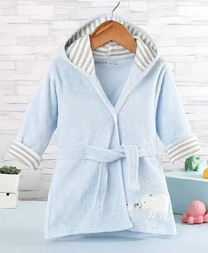 Doreme Terry Knit Full Sleeves Hooded Bath Robe with Animal Embroidery - Mist Blue