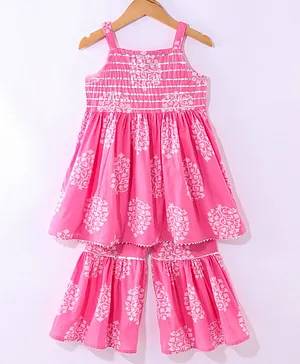 Teentaare Cotton Sleeveless Singlet Kurta & Churidar Set Floral Print - Pink