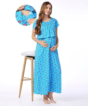 Bella Mama 100% Cotton Knit Half Sleeves Concealed Zipper Nursing Nighty Heart Print - Blue