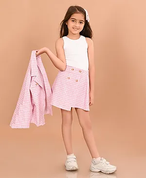 Lilpicks Couture Cotton Sleeveless  Solid Tee & Checked Skirt With Coordinating Jacket - Pink & White