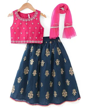 Babyhug Woven Sleeveles Floral Embroidered Choli with Lehenga and Dupatta Set - Teal Blue
