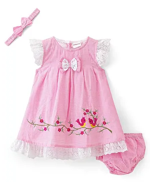 Babyhug 100% Cotton Knit Half Sleeves Frock With Bloomer & Head Band Floral Embroidery - Pink