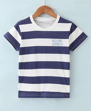 Doreme Single Jersey Half Sleeves Striped T-Shirt Welcome Abroad Print - Blue