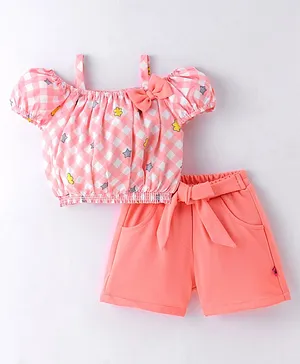 Dew Drops Poplin Woven Half Sleeves Top & Shorts With Bow Detailing Checkered - Peach