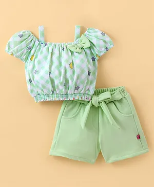 Dew Drops Poplin Woven Half Sleeves Top & Shorts With Bow Detailing Checkered - Green