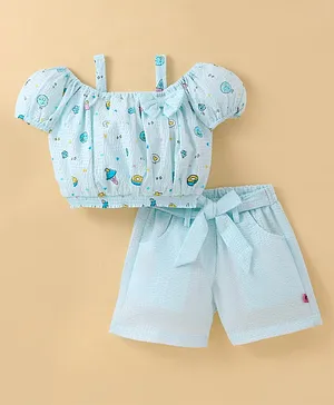 Dew Drops Poplin Woven Half Sleeves Top & Shorts With Food Print & Bow Detailing - Blue