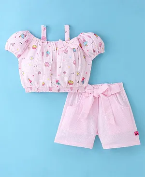 Dew Drops Poplin Woven Half Sleeves Top & Shorts With Food Print & Bow Detailing - Pink