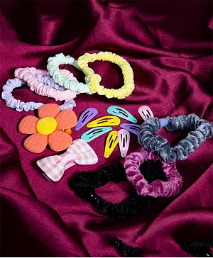 Jewelz Set Of 17 Soft Silk Rubber Bands With Floral & Bow Embellished Hair Clips - Yellow Pink Purple Black & Grey