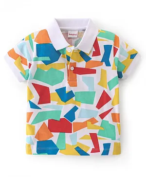 Babyhug 100% Cotton Knit Half Sleeves Polo T-Shirt with Abstract Print- White