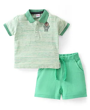 Babyhug Single Jersey Knit Half Sleeves T-Shirt & Shorts With Basketball Embroidery - Green