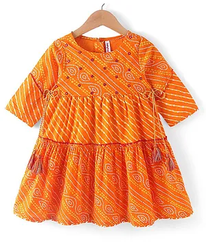 Babyhug Cotton Woven Three Fourth  Sleeves  Cambric Leheriya Printed Side Overlap Ethnic Dress  -  Orange