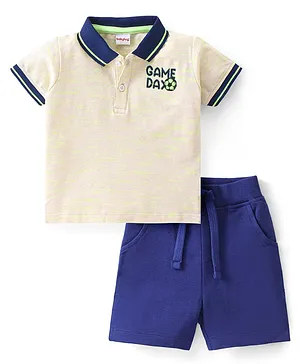Babyhug Single Jersey Knit Half Sleeves T-Shirt & Shorts With Text Embroidery - Cream & Navy Blue