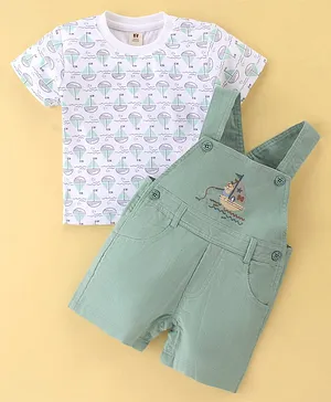 ToffyHouse Dungaree & Half Sleeves T-Shirt Set With Boat Print & Embroidery - White & Sea Green