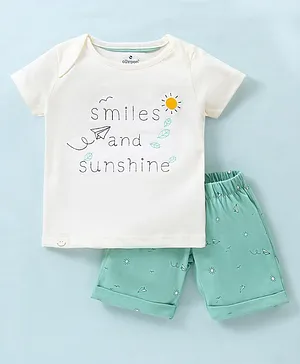 Ollypop Interlock Knit Half Sleeves T-Shirt & Shorts With Text Embroidery - Cream & Green