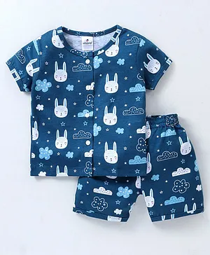 Ollypop Cotton Knit Half Sleeve Night Suit with Bunny Print - Navy Blue