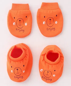 Babyhug Interlock Knit Bear Print Mittens and Booties - Orange