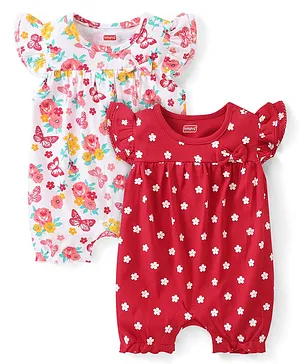 Babyhug 100% Cotton Knit Cap Sleeves Rompers With Floral & Butterfly Print Pack of 2 - White & Red