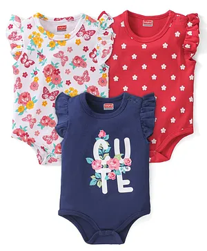 Babyhug 100% Cotton Knit Interlock Frill Sleeves Onesies With Floral & Butterfly Print Pack Of 3 - White Red & Navy Blue