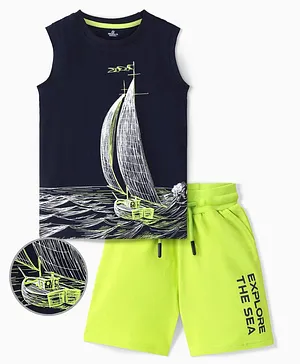 Ollington St. 100% Cotton Knit Sleeveless T-Shirt & Shorts Set with Boat Print  Navy & Acid lime