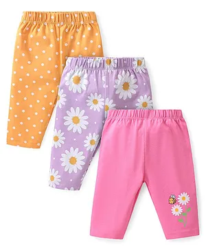 Babyhug Cotton  Lycra Knit Three Fourth Leggings  Floral Print Pack of 3 -Pink Purple & Yellow