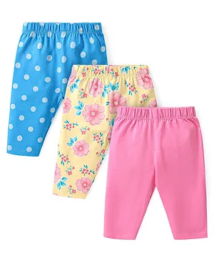 Babyhug Cotton Lycra Three Fourth Length Leggings with Floral & Polka Dots Print  Pack of 3 - Blue Yellow & Pink