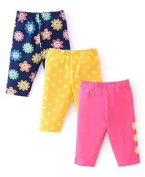 Babyhug Cotton Lycra Three Fourth Length Legging Polka Dot & Floral Print Pack Of 3 - Yellow Blue & Pink