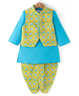Babyhug Cotton Woven Full Sleeves Solid Colour Kurta Dhoti Set with Printed Jacket -Blue & Yellow
