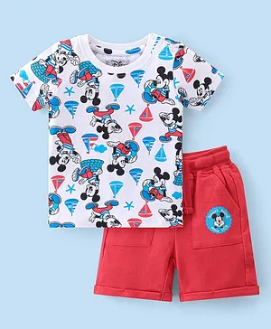 Babyhug Disney 100% Cotton Knit Half Sleeves T-Shirt & Shorts With Mickey Mouse Print - White & Red