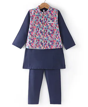 Babyhug 100% Cotton Woven Full Sleeves Solid Kurta Pyjama Set with Printed Jacket-  Navy Blue