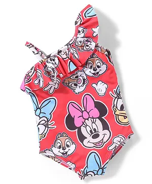 Babyhug Disney Sleeveless V Cut Swimsuit with Frill Detailing Minnie Mouse Print - Red