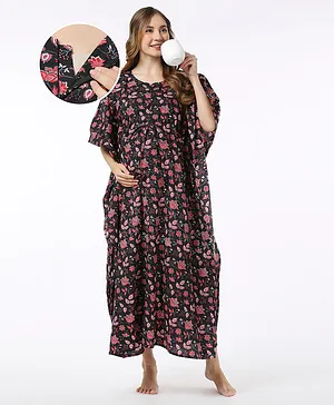 Bella Mama 100% Cotton Woven Maternity Kaftan Nursing Nighty Floral Print- Black