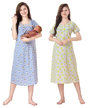 Piu Pack Of 2 Cotton Woven Half Sleeves Floral & Fruits Printed Nighties With Concealed Zipper Nursing Access - Blue & Green