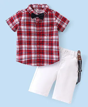 Babyhug 100% Cotton Woven Half Sleeves Shirt & Shorts With Bow & Suspender Checkered - Red & White