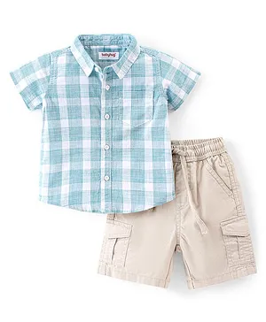 Babyhug 100% Cotton Knit Single Jersey Half Sleeves Shirt & Shorts Checkered - Sea Green & Beige