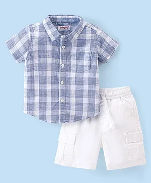 Babyhug 100% Cotton Woven Knit Half Sleeves Shirt & Shorts Set Checkered - Blue & Green