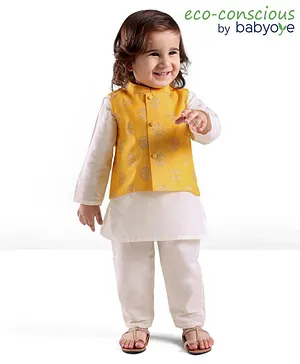 Babyoye Cotton Woven Full Sleeves Kurta Pyjama Set with Printed Jacket - Yellow & White