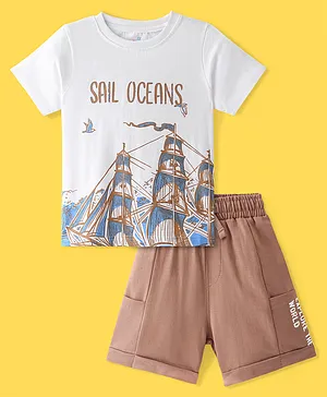Ollington St. 100% Cotton Knit Half Sleeves T-Shirt & Shorts Set with Ship Print  White & Brown
