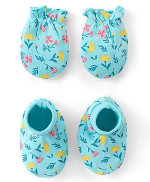 Babyhug Cotton Mittens & Booties Set Floral Print - Blue