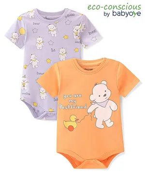 Babyoye 100% Cotton with Eco Jiva Half Sleeves Onesies Teddy Print Pack Of 2 - Purple & Orange
