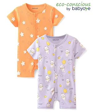 Babyoye 100% Cotton with Eco Jiva Finish Half Sleeves Rompers Stars & Teddy Print Pack Of 2 - Purple & Orange