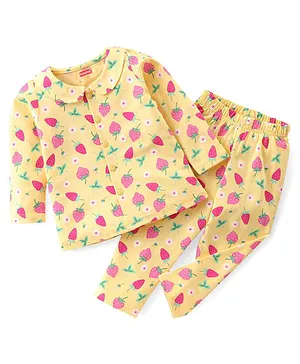 Babyhug Single Jersey Full Sleeves Night Suit Strawberry Print - Yellow