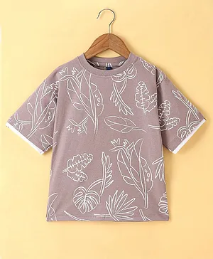 Little Kangaroos Cotton Knit Half Sleeves T-Shirt Leaf Print - Brown