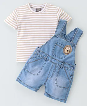 Little Kangaroos Cotton Knit Half Sleeves Striped T-Shirt & Dungaree Set With Embroidery- Light Blue